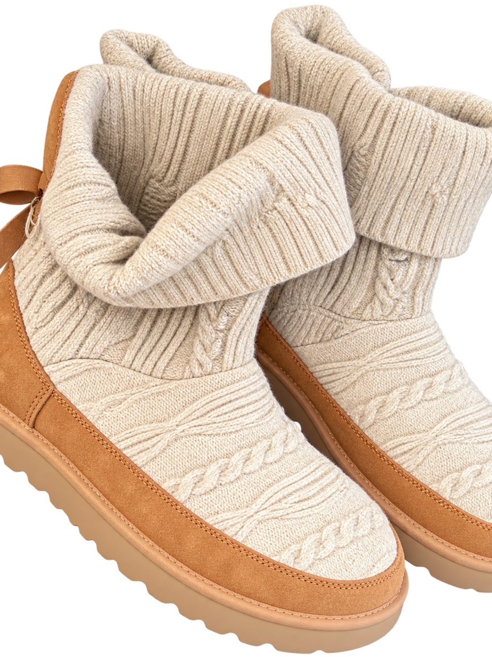 UGG Cream Cable-Knit Turtleneck Bootie with Tan Suede Trim